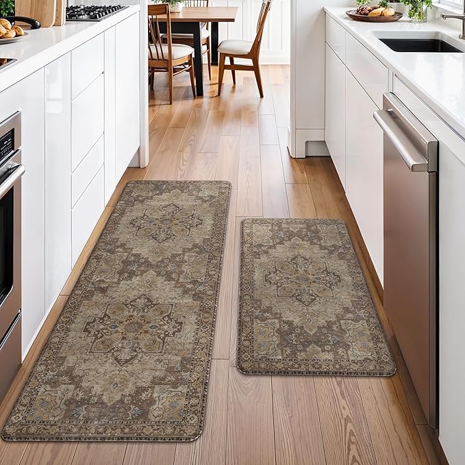 GENIMO Kitchen Mats for Floor 2PCs, Washable Anti Fatigue Mat for Cushioned, 17.3"x47"+17.3"x30", Waterproof Kitchen Rugs, Non Slip Comfort Standing Mat Rug for Home, Sink, Laundry, Rustic Brown