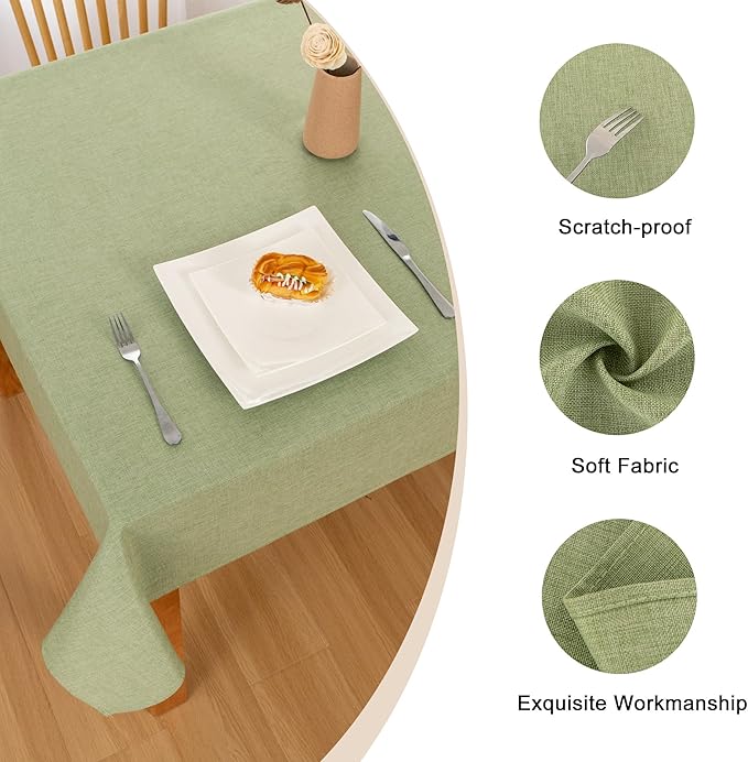 Hiasan Faux Linen Rectangle Tablecloth - Wrinkle and Stain Resistant Washable Table Cloth for Kitchen Dining Room Holiday Table Cover for Dinner, Green, 60 x 84 Inch