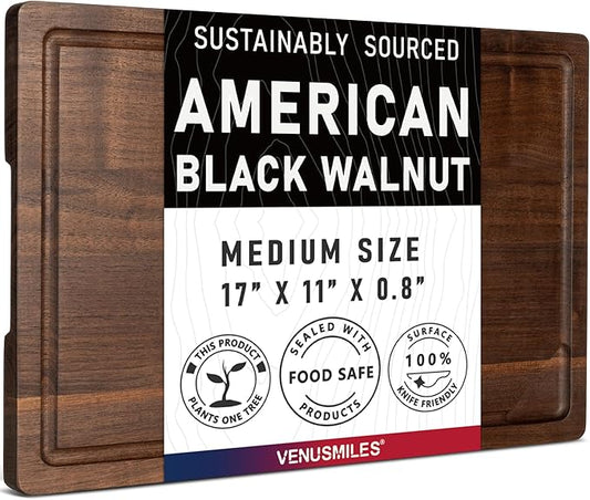 Walnut Wood Cutting Board for Kitchen with Deep Juice Groove & Side Handles, 17”L x 11”W x 0.8”H, Handcrafted North American Black Walnut Wood Grain, Medium Chopping Board, Reversible Butcher Block