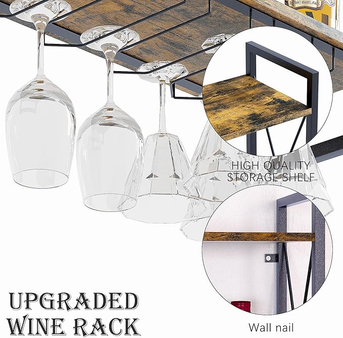 Dokser Wine Rack Wall Mounted 2 Tier Shelf, Wall Wine Rack with Rustic Wood & Industrial Iron Frame, Wine Bottle Holder for Kitchen, Dining Room, Home Bar Decor (Brown)