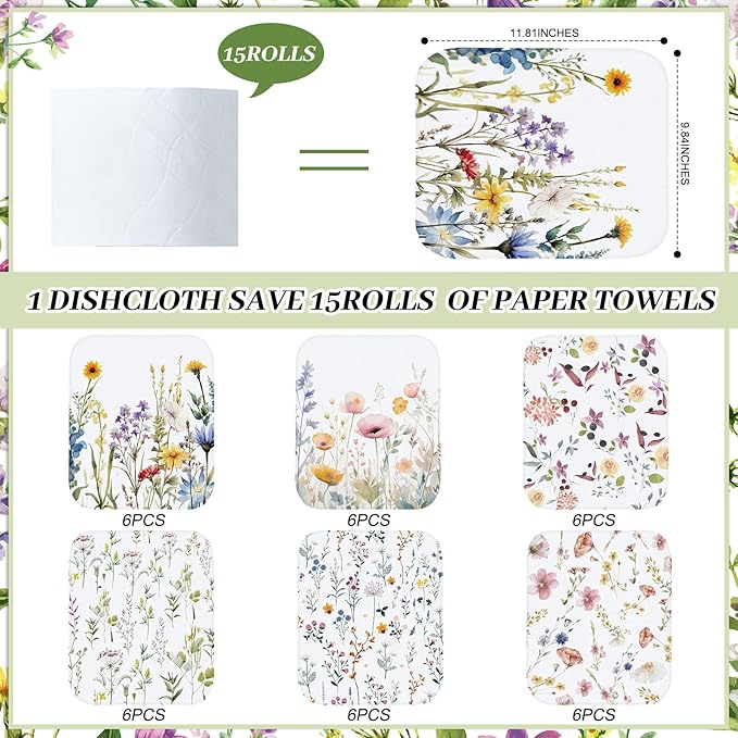 36 Pack Reusable Cleaning Cloths Washable Cotton Kitchen Dish Towels for Home Christmas Party Supplies Bulk, 9.84x11.81in (Wildflowers)