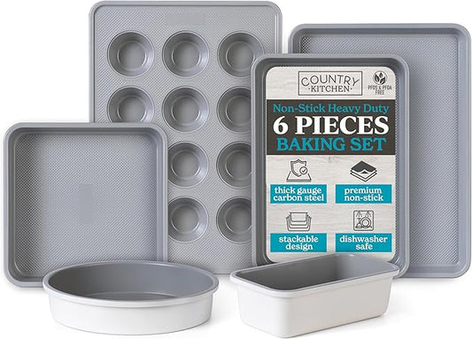Country Kitchen Nonstick Stackable Bakeware Set - Durable, Easy Release Baking Set, Cream, 6 Pcs