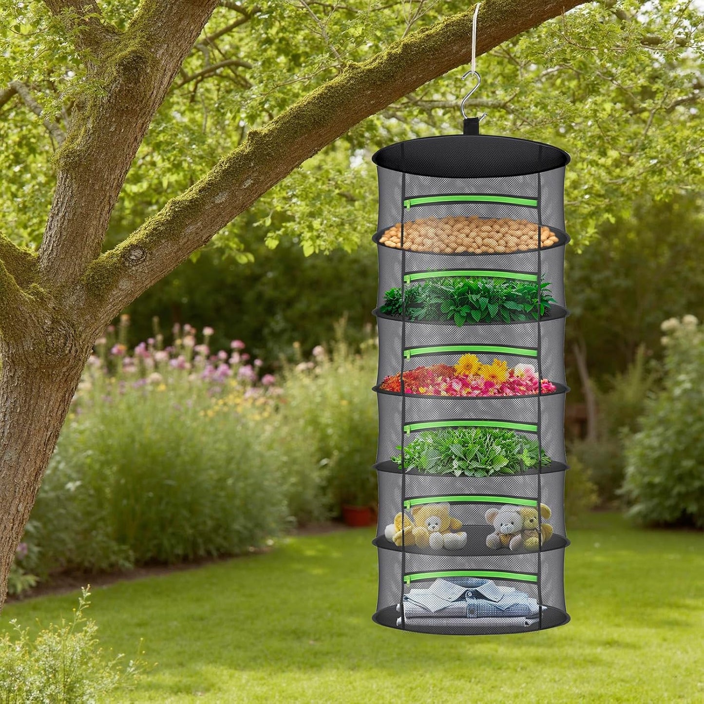 Herb Drying Rack with Mesh Design - Hanging Herb Dryer with Green Zipper for Garden, Home, Indoor or Outdoor Use (8layer)