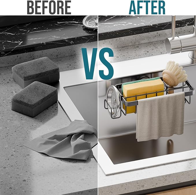 TAILI 4-in-1 Rustproof Sink Caddy & Sponge Holder with Removable Strong Suction Cup for Kitchen Sink - Black