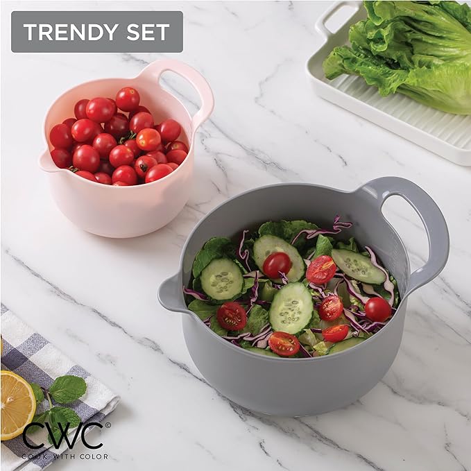 COOK WITH COLOR Nesting Plastic Mixing Bowl Set with Pour Spouts and Handles, Pink, 4 Piece Non-Slip