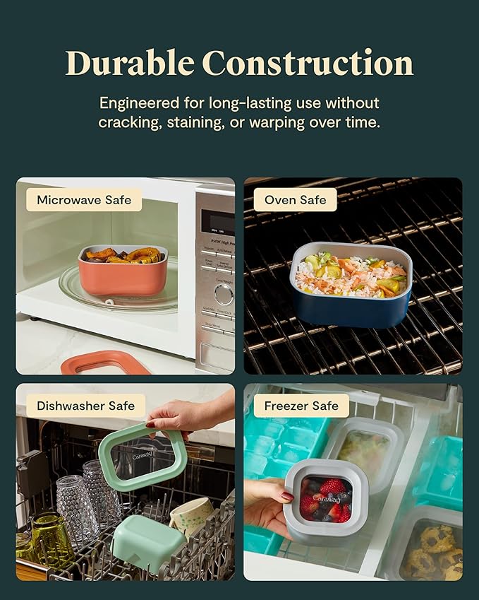 Caraway 6pc Food Storage Container Set - 1.75 Cup Glass Storage Container for Food (6) - Non-Toxic Ceramic-Coated Glass - Air Release Technology - Compact & Stackable Design - Perracotta