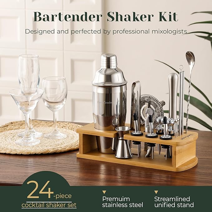 Cocktail Shaker Set, 24-Piece Bar Bartender Kit with Stand, Martini Shaker, Jigger, Strainer,Mixer Spoon,Muddler,Liquor Pourers,Tongs,Opener,LCE Ball Mold&LCE Cubes,Bottle Stoppers|Silver