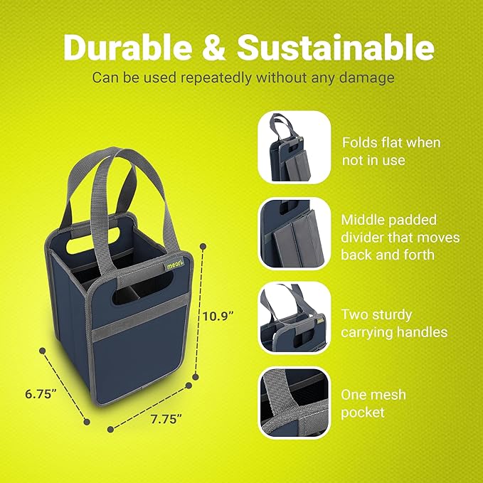 meori Foldable 4 Bottle Wine Tote Marine Blue Organize Crate Glass Dividers Stylish Travel Storage Box Liquor Spirits Tastings Grocery Shopping Hostess Gift (A100814)