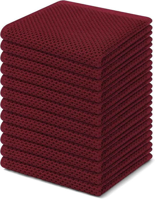 Homaxy 100% Cotton Waffle Weave Kitchen Dish Cloths, Ultra Soft Absorbent Quick Drying Dish Towels, 12 x 12 Inches, 12-Pack, Burgundy
