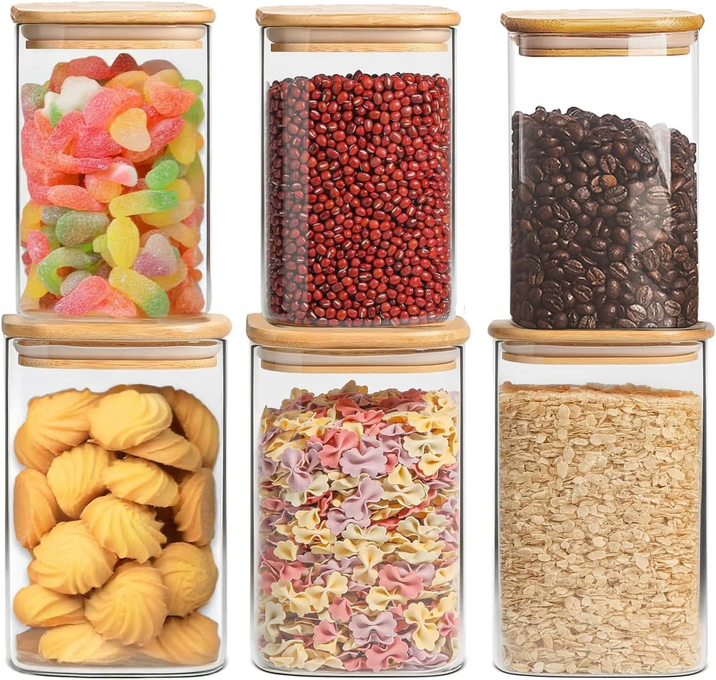 38 oz Glass Food Storage Jars with Airtight Lids, Clear Glass Jar with Bamboo Lid, Airtight Food Canister for Tea, Candy, Coffee, Sugar, Cookie, Snack. (Square| 5+6 Inch) SET of 3
