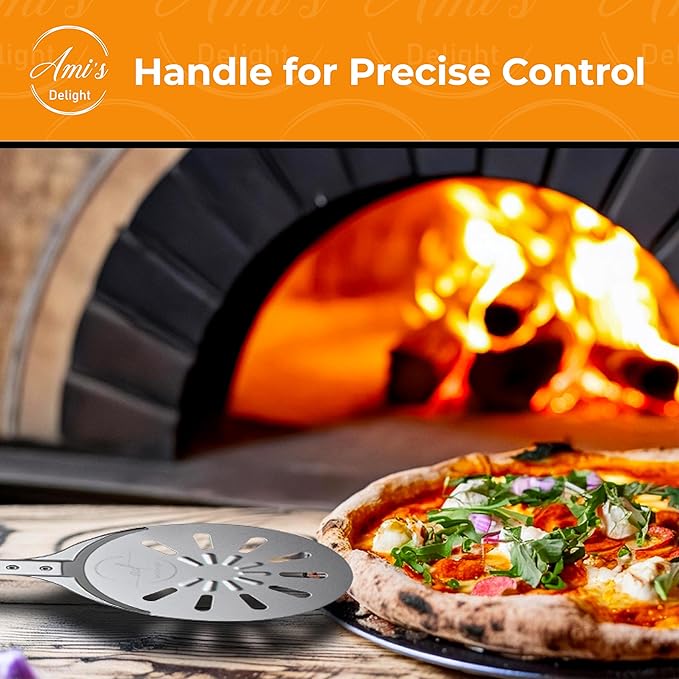 Ami’s Delight 8" Perforated Pizza Turning Peel With Free Pizza Wheel Cutter | Lightweight Aluminum Pizza Peel Turner Spiner with Long Handle | Pizza Oven Accessories