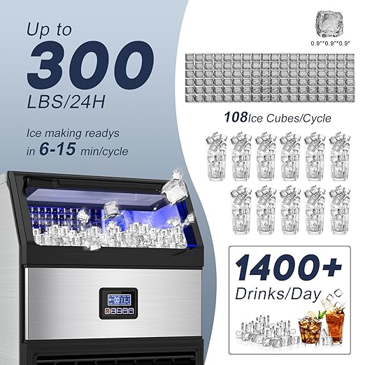 300LBS/24H Commercial Ice Maker Machine with 75LBS Storage Bin, Stainless Steel Undercounter/Freestanding Ice Maker Machine for Home Bar Outdoor, 108PCS Ice Cubes Ice Machine