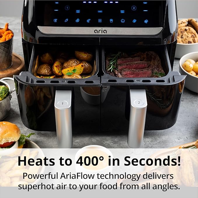 Aria 10 Qt Dual Air Fryer with 2 Baskets, Smart Sync Dual Air Fryers, Easy Clean Dishwasher Safe Double Basket, Large Sized for Family Meals, XL Touchscreen Display, 8 Meal Presets, Black
