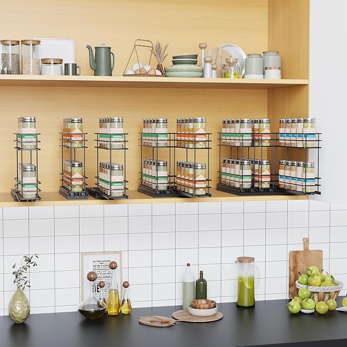Pull Out Spice Rack Organizer for Cabinet, Slide Out Spice Racks, Easy to Install Spice Cabinet Organizer, 2.1''Wx10.35''Dx8.26''H, 1 Drawers 2 Tiers（Black）