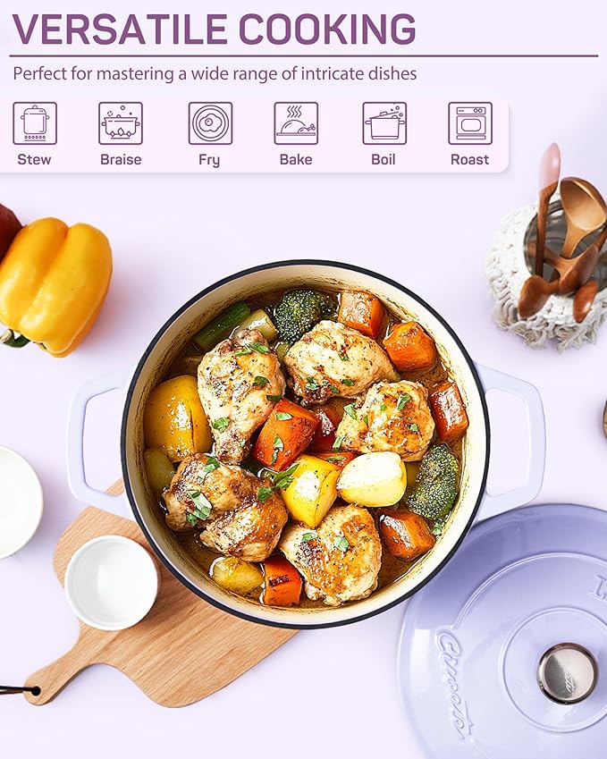 Enameled Cast Iron Dutch Oven – 6 Quart Pot with Lid & Potholders – Heavy-Duty Cookware for Bread Baking, Braising, Stews & Roasting – Oven & Stovetop Safe up to 500°F – Purple