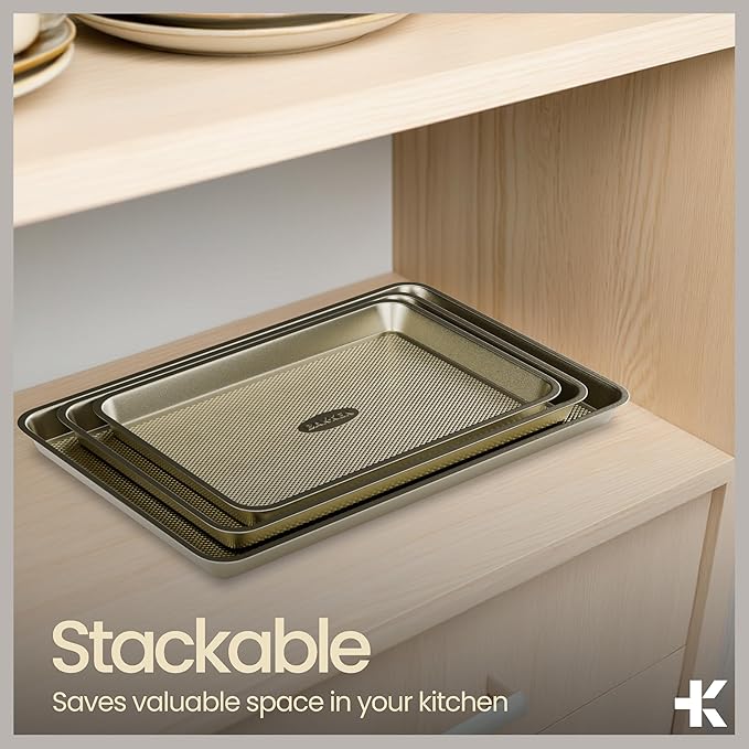 Diamond Bottom Cookie Sheet Set of 2, Nonstick Gold Carbon Steel Baking Pans for Crisp Baking, Space-Saving Stackable Trays, PFOA, PFOS, PTFE Free, Oven Safe Up to 450°F, Small & Medium Pans