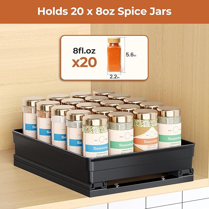 Pull Out Spice Rack Organizer for Cabinet, Slide Out Spice Racks Organizer, Easy to Install Spice Cabinet Organizers, 8.26''Wx10.6''Dx2.7''H, 1 Pack-1 Tier(Black)