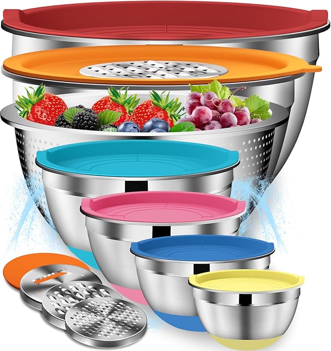 Mixing Bowls with Lids Set - 16pcs Stainless Steel Mixing Bowl Set with Colander, 3 Grater Attachments, Non-Slip Bottom, Metal Nesting Bowls with Strainer for Mixing & Serving - Multicolor