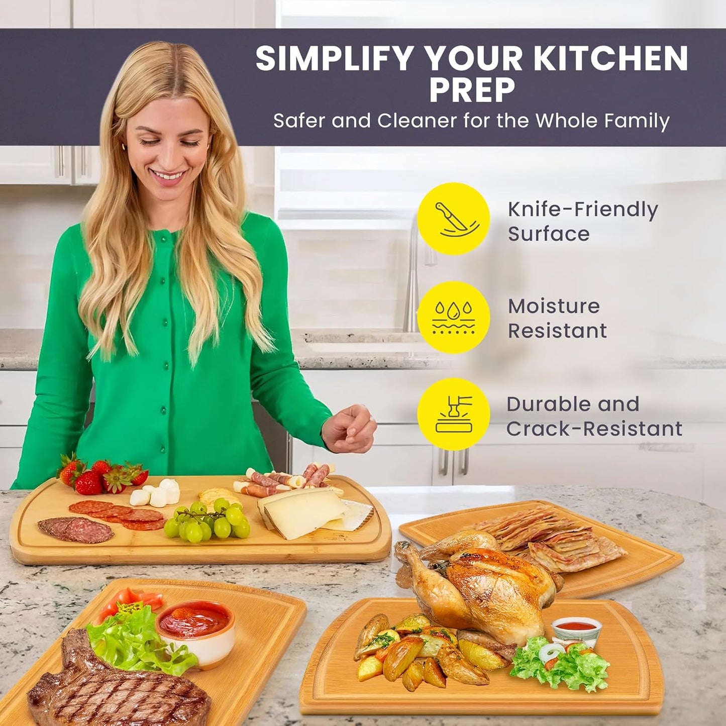 Extra Large Bamboo Cutting Board Set of 4 – Wood Cutting Boards for Kitchen with Glue-Free Surface™ & Juice Groove – Non-Toxic Wooden Chopping Boards, FSC-Certified, Durable Carving Boards