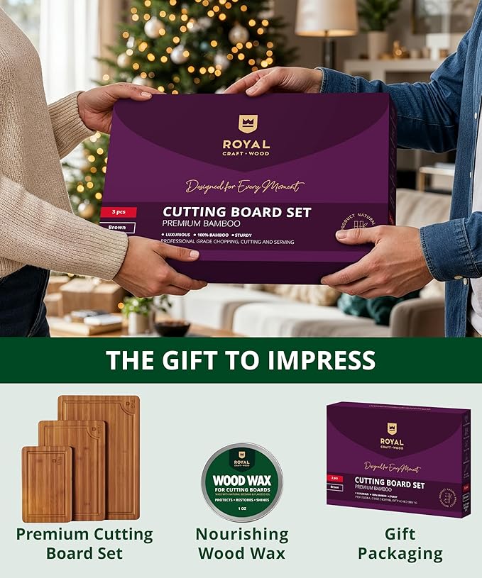 ROYAL CRAFT WOOD Bamboo Cutting Board Set – 3 Durable Wooden Cutting Boards for Kitchen Meal Prep, Charcuterie & Serving – Chopping & Butcher Block with Juice Grooves – Gift-Ready Packaging & Wood Wax