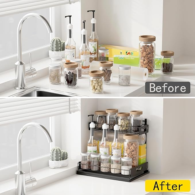 Under Sink Organizer with Pull-Out Drawers,Kitchen Sink Organizer,2 Tier Bathroom Organizers And Storage,Bathroom Accessories Set,Black 2 Pack