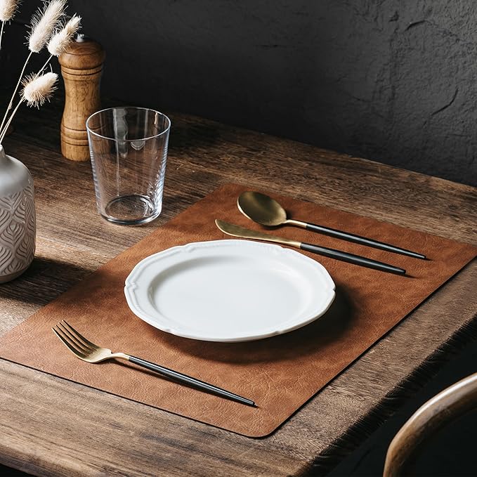 DOLOPL Thanksgiving Placemats Set of 12 Reversible Dual-Color Table Placemats – Heat Resistant Wipeable & Washable Place Mats, Luxury Faux Leather Table Mats for Table Decor(Reddish Brown & Brown)