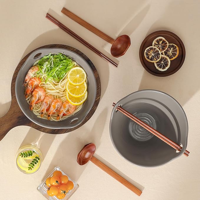 MALACASA 42 oz Ceramic Ramen Bowl Set with Wooden Spoon & Chopsticks, Japanese Style Soup Bowls for Ramen, Pho, Noodles – Set of 2, Microwave & Dishwasher Safe, Series TARA (Brown and Khaki)