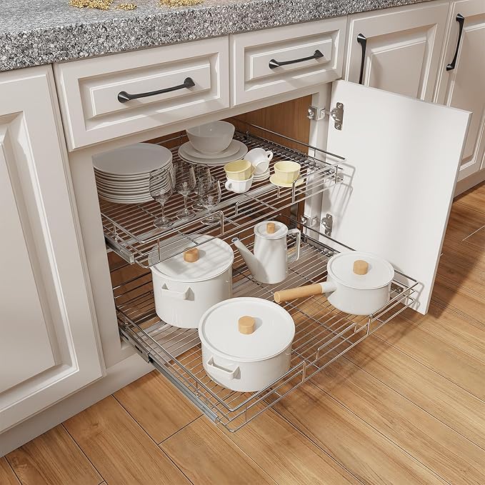 ROOMTEC Individual Pull Out Cabinet Organizer (28½" W x 21½" D), 2 Tier Spice Rack Organizer for Cabinet, Slide Out Drawer Pantry Shelf Organization and Storage for Kitchen Bathroom