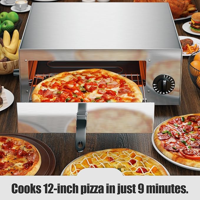 S AFSTAR 1450W Electric Pizza Oven, Stainless Steel Pizza Oven Countertop with Insulated Handle & Removable Tray, Commercial Pizza Maker Fits Pizzas up to 12" Diam for Restaurant Home Party