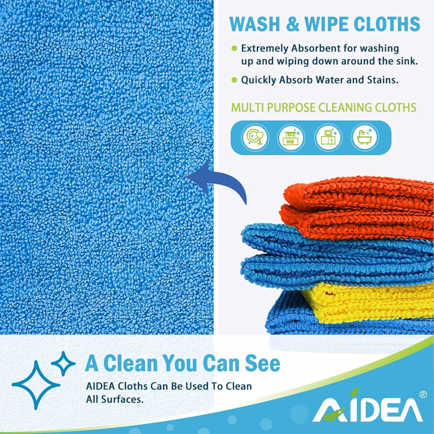 AIDEA Microfiber Cleaning Cloth 8PK, Dusting Cloth Drying Towel, All Purpose Soft Absorbent, Lint Free Rags, Streak Free Wash Cloth for House, Kitchen, Car, Window, 12"×12"