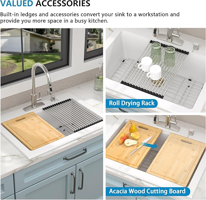 30"x22" Granite Composite Kitchen Sink – White Ledge Workstation Drop-In Topmount Granite Quartz Classic Single Bowl Sink Basin