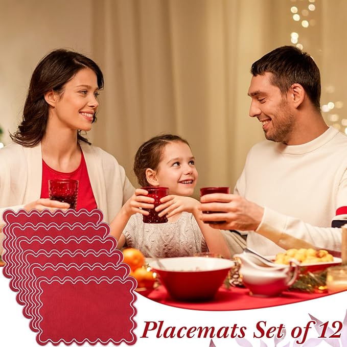 12 Set Linen Placemat 13x19 Wavy Embroidery Scalloped Placemat Double Layered Washable Farmhouse Dinner Table Mat Fabric Napkin for Christmas Hotel Restaurant Wedding Party(Red)