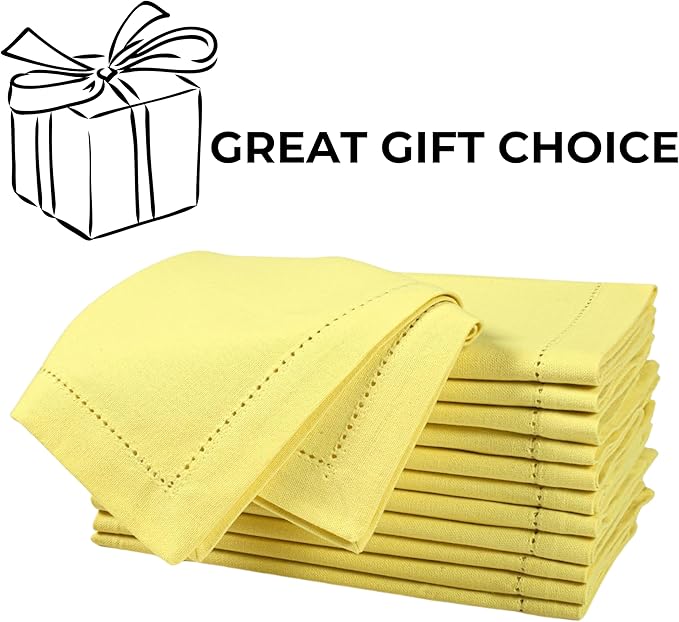 Bedding Craft Hemstitched Cotton Cloth Dinner Napkins Set of 12 – 18x18 Golden Kiwi – Reusable Machine Washable Fabric Napkins for Weddings, Thanksgiving, Christmas & Events
