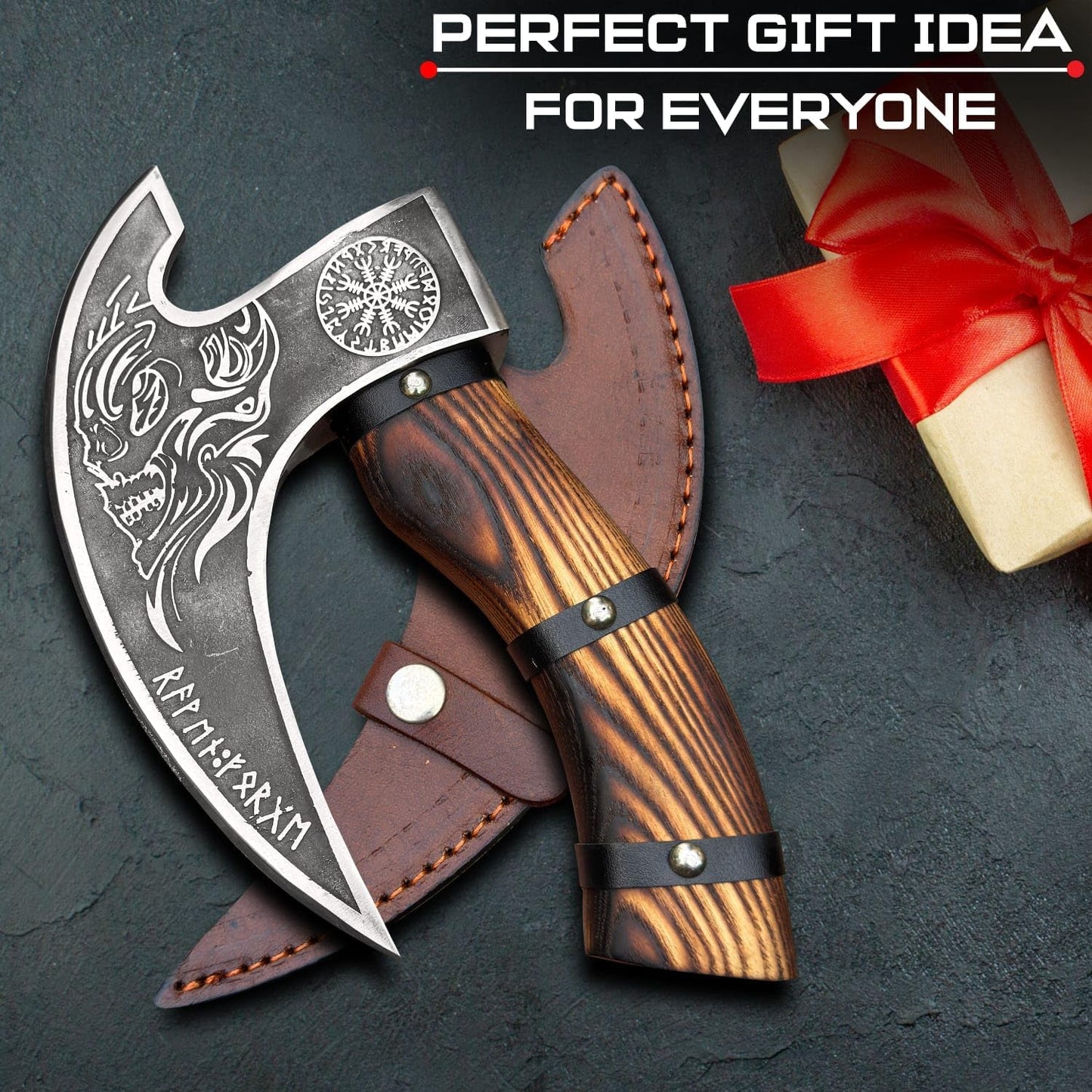 Viking Style Pizza Cutter Handmade Ulu Rocker Knife with Engraved Blade Durable Wooden Handle with Leather Grip Includes Leather Sheath