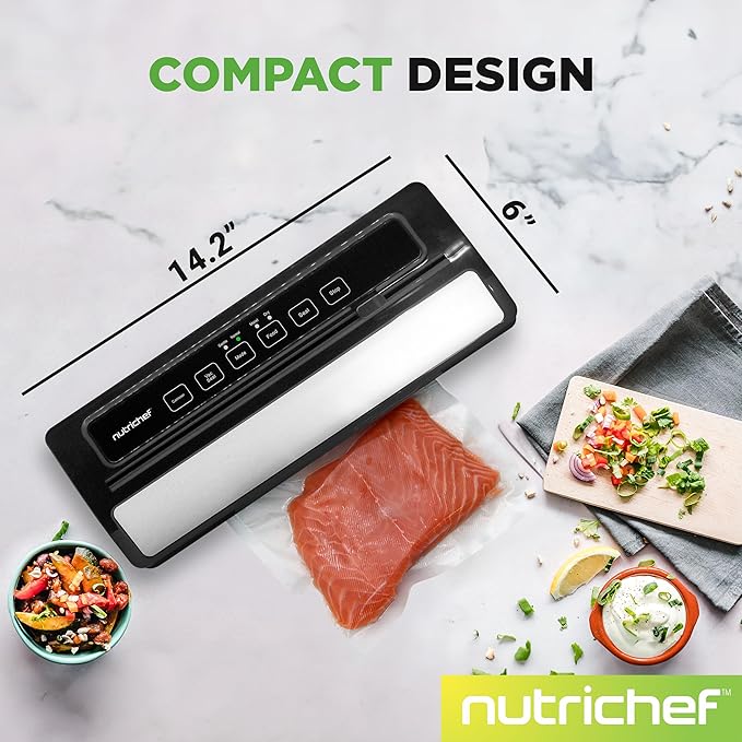 NutriChef Food Vacuum Sealer Machine, Stainless Steel & ABS Body, Automatic Sealing System for Dry and Moist Foods, LED Touch Controls, Includes Bags, Hose & Roll Cutter, 110W Suction Power, 14"x6"