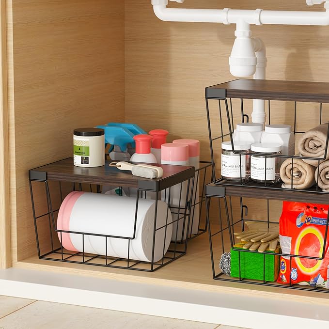 Trash Bag Holder Dispenser 2-Pack, Under Sink Organizer with Wood Lid & Wall Mount, Large Capacity for 13 Gallon Kitchen Trash Bags, Plastic Bag Storage for Laundry Room and Pantry Organization