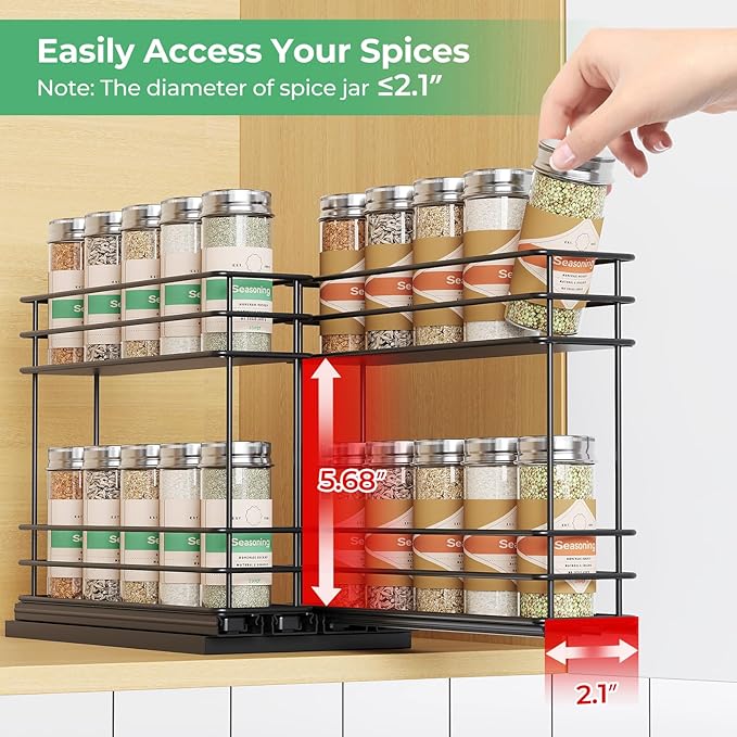 Pull Out Spice Rack Organizer for Cabinet, Slide Out Spice Racks, Easy to Install Spice Cabinet Organizer, 2.1''Wx10.35''Dx8.26''H, 2 Drawers 2 Tiers(Black)