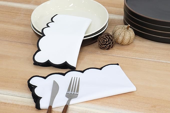 PurpleEssences Scalloped Embroidery Cloth Napkins Christmas Holiday Winter Table Decor 100% Cotton Set of 4-18 x 18 inch - White - Edges - Black