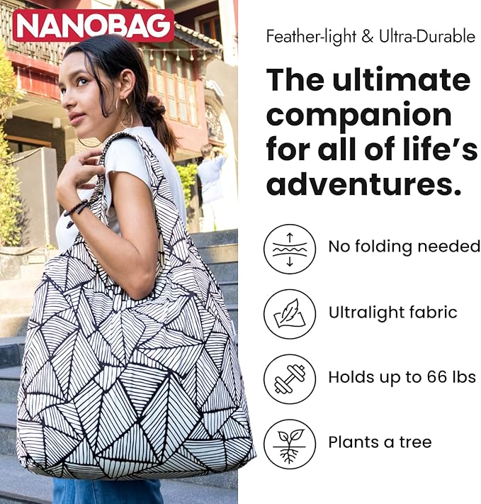 Nanobag Ultra-Lightweight Heavy Duty Foldable Tote for Women & Men, Reusable Grocery & Travel Bag, Packable Collapsible Compact Market Essential (XL Gray)