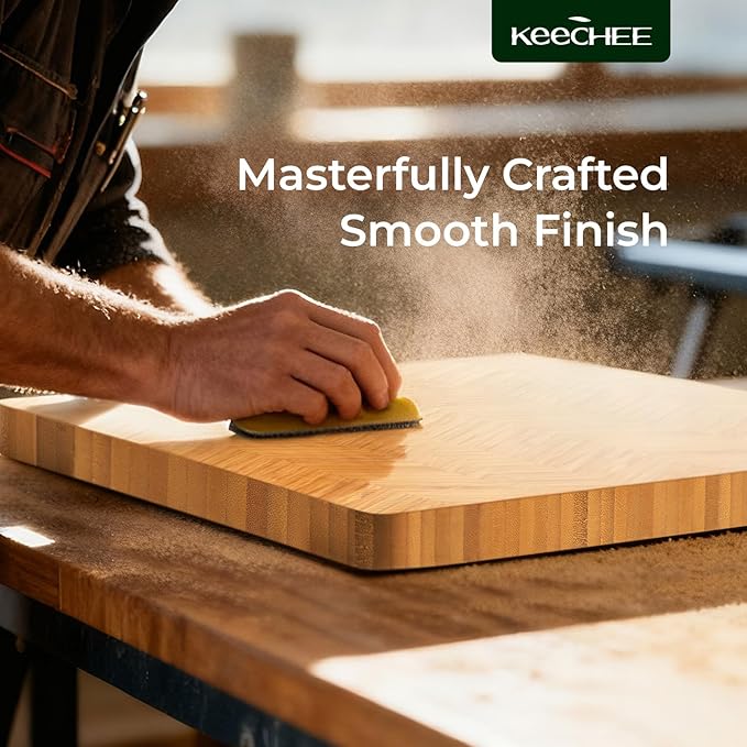 Atelier Collection Bamboo Cutting Board, Reversible Boards for Kitchen with Deep Juice Grooves and Handles, Large Wood Chopping Board for Cooking and Serving, Handcrafted Luxury Cutting Board