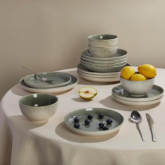 32 Piece Double Bowl Dinnerware Sets with Pasta Bowls, Highly Chip and Crack Resistant Plates and Bowls Sets, Natural Earthyware Ceramic Dishware Sets, Service for 8 Gradient Green