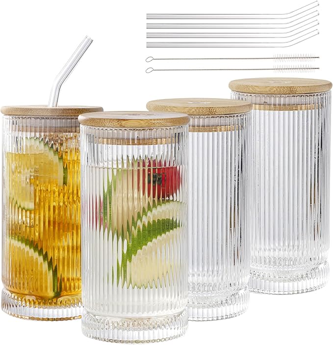 Vintage Ribbed Glassware Set, 16oz Drinking Glasses, Origami Style Set of 4, Fluted Design, Ideal for Water, Iced Coffee, Juice, Beer, Milk, Gift (16oz with lids and straws)