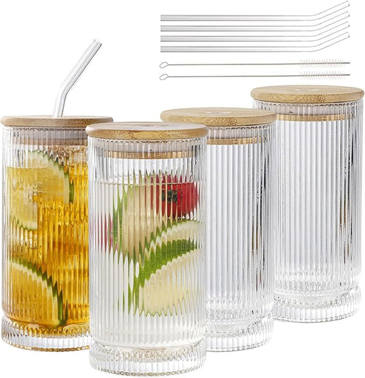 Vintage Ribbed Glassware Set, 16oz Drinking Glasses, Origami Style Set of 4, Fluted Design, Ideal for Water, Iced Coffee, Juice, Beer, Milk, Gift (16oz with lids and straws)