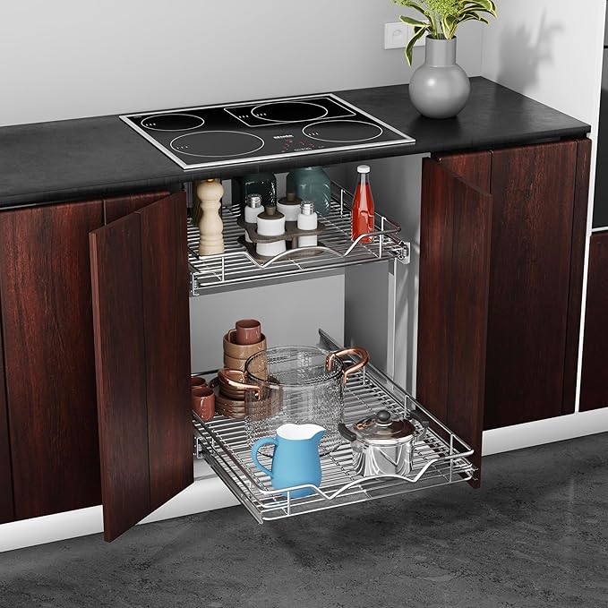 HOLDN’ STORAGE Two Tier Pull Out Cabinet Organizer, Individual Sliding Drawers - Heavy Duty Metal with Lifetime Limited Warranty - Anti Rust Chrome Finish - 22.5" W x 21”D x 16.5" H