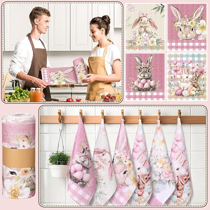 36 Pcs Easter Reusable Paper Towels Rolls Washable Bulk Easter Rabbit Bunny Kitchen Towels Paperless Reusable Cloth Cotton Napkins with Cardboard for Kitchen Bathroom