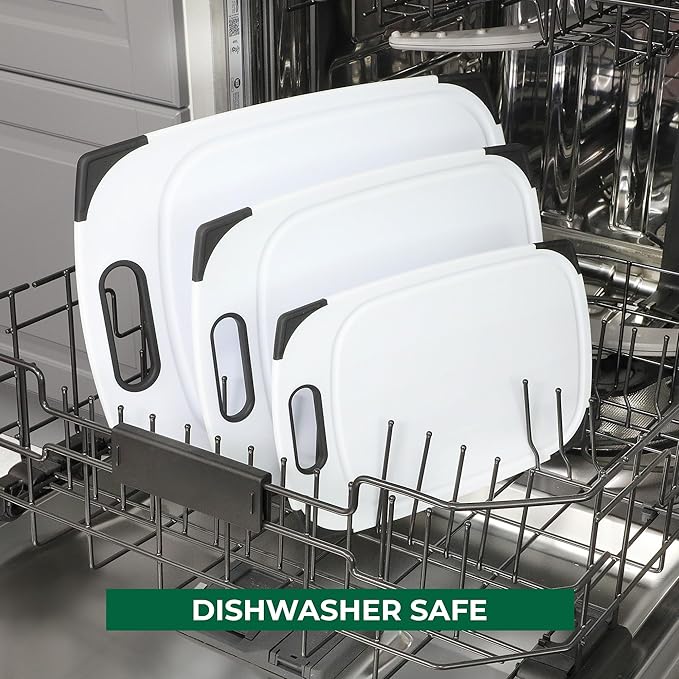 Plastic Cutting Boards for Kitchen, Cutting Board Set of 3, Juice Grooves with Easy Grip Handle, BPA-Free, Non-Porous, Dishwasher Safe, White