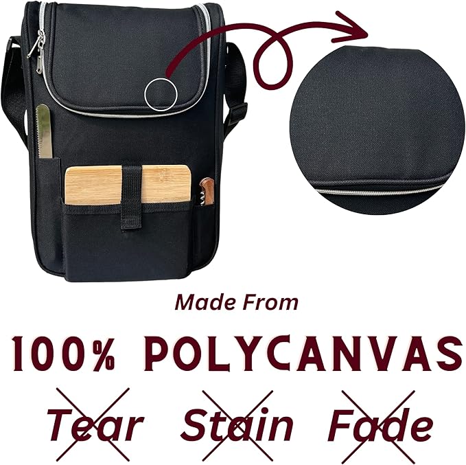 Truvelli Black Insulated Wine Tote Bag: Portable 2 Bottle Cheese Waterproof Black Canvas Carrier Picnic Kit - Stopper Attachment, Plus Wooden Charcuterie Board