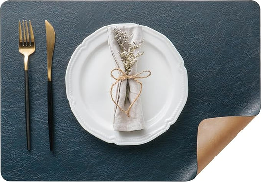 DOLOPL Placemats Set of 12 Reversible Dual-Color Table Placemats– Heat Resistant Wipeable & Washable Place Mats, Luxury Faux Leather Table Mats for Vintage Dining Table Decor(Camel & Navy Blue)