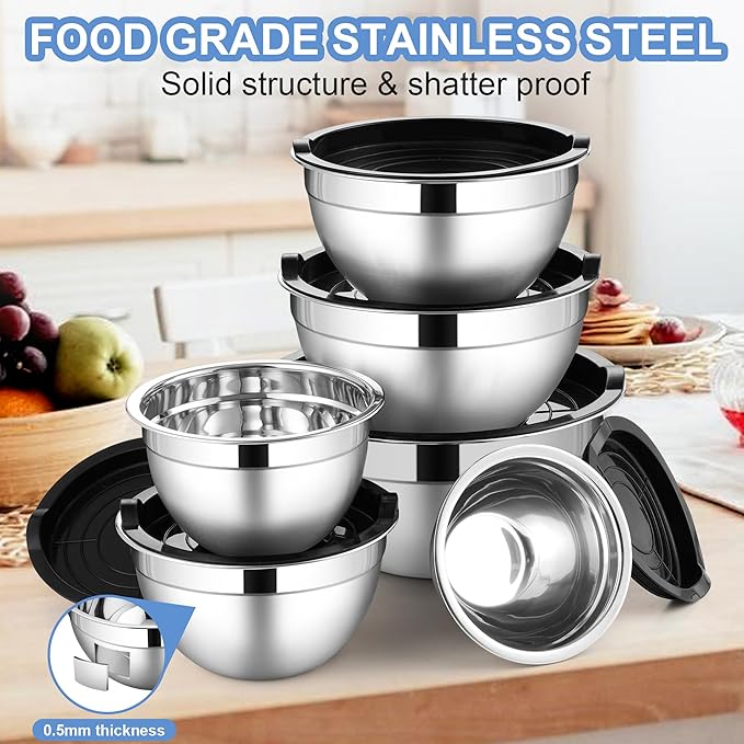 LIANYU 6 PCS Stainless Steel Mixing Bowls with Lids Set, Large Size 7, 3.5, 2.5, 2, 1.5, 1QT, Kitchen Nesting Metal Bowl Sets, Ideal for Baking Cooking Serving Food Storage, Dishwasher Safe, Black