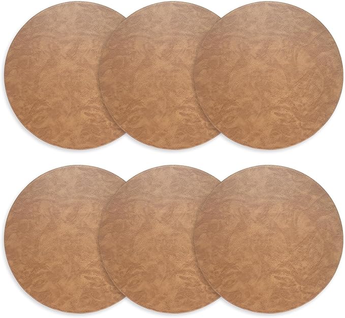 Placemats Set of 6 – Round 15” Faux Leather Table Mats for Dining, Heat Resistant & Non-Slip Washable Table Decor, Indoor, Outdoor, Dining Table Set for 6, Modern Kitchen & Holiday Use, Camel